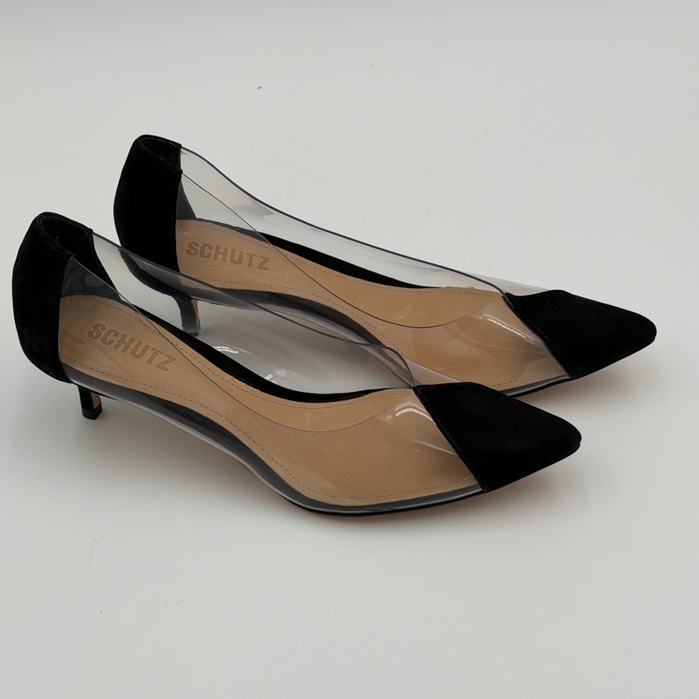 SCHUTZ Women’s Cendi Black Suede with Transparent Sides Heels Size 8 - Picture 2 of 10